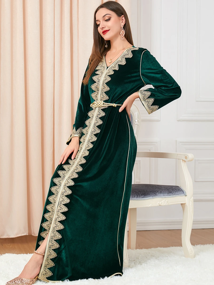 Dresses For Women 2023 Luxury Designer Abaya Floral Embroidery Guipure Lace Panel Belted Kaftan Velvet Long Sleeve Party Dresses