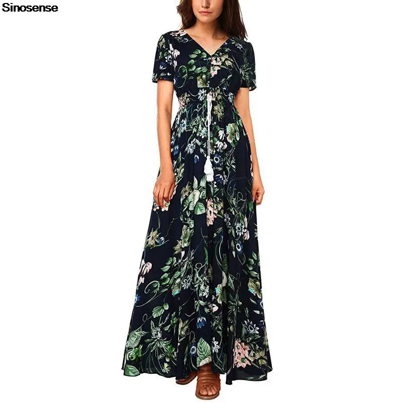 

Женское платье макси в этническом стиле, длинное платье с цветочным принтом, на пуговицах, с разрезом, в богемном стиле, для пляжа и вечерино...