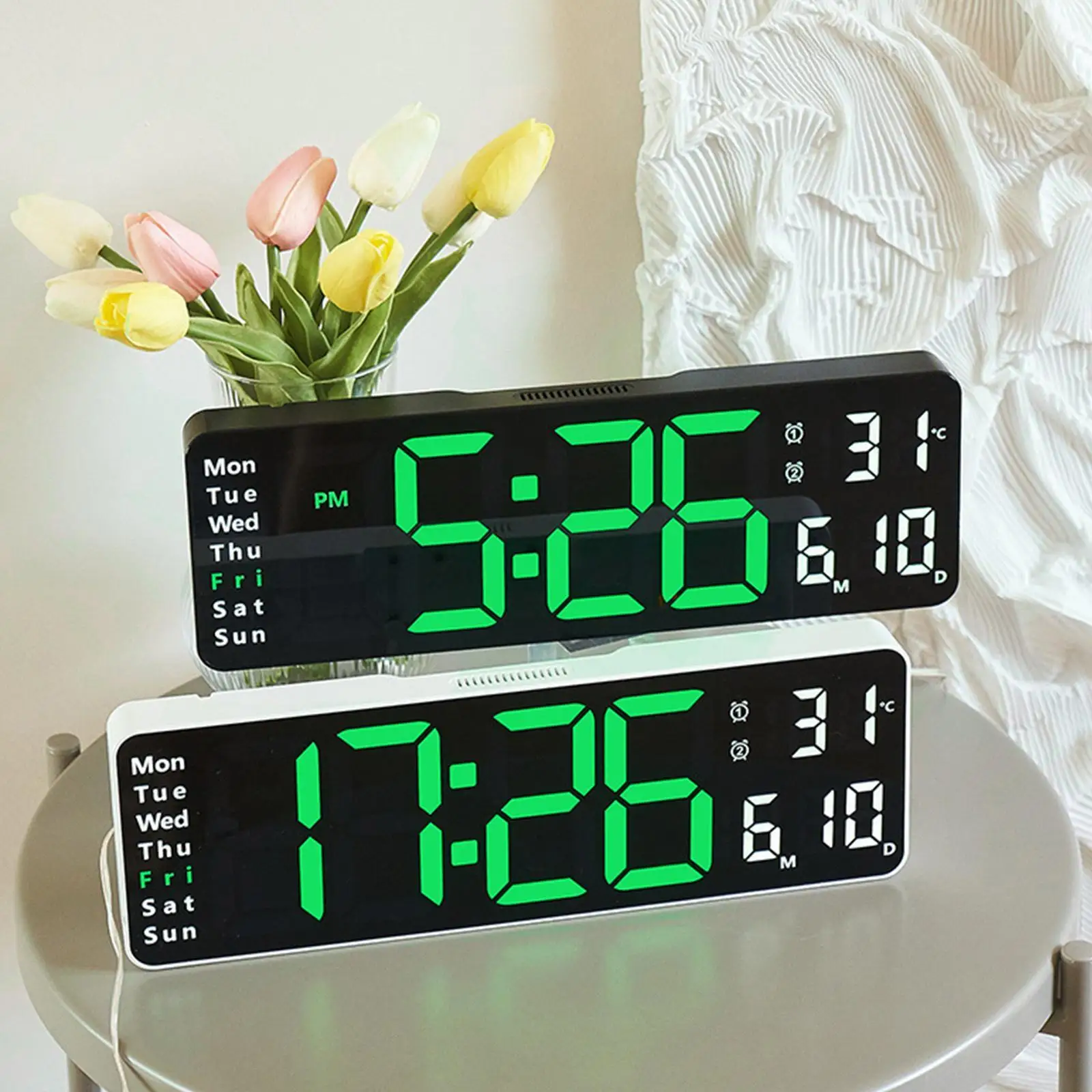 

Large Digital Wall Clock Remote Control Temp Date Week Display Power Off Memory Table Clock Wall-mounted Dual Alarms LED Clocks