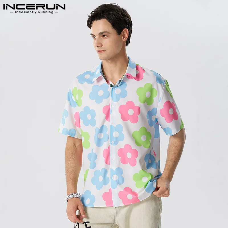 

Casual Fashion Style Tops INCERUN Men Floral Printing Pattern Shirts Streetwear Male Hot Selling Short Sleeved Blouse S-5XL 2023