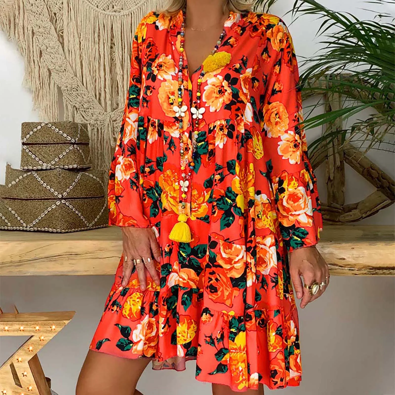 

Женское модное платье с длинным рукавом, повседневное свободное платье с полуоткрытым воротником и широкой юбкой