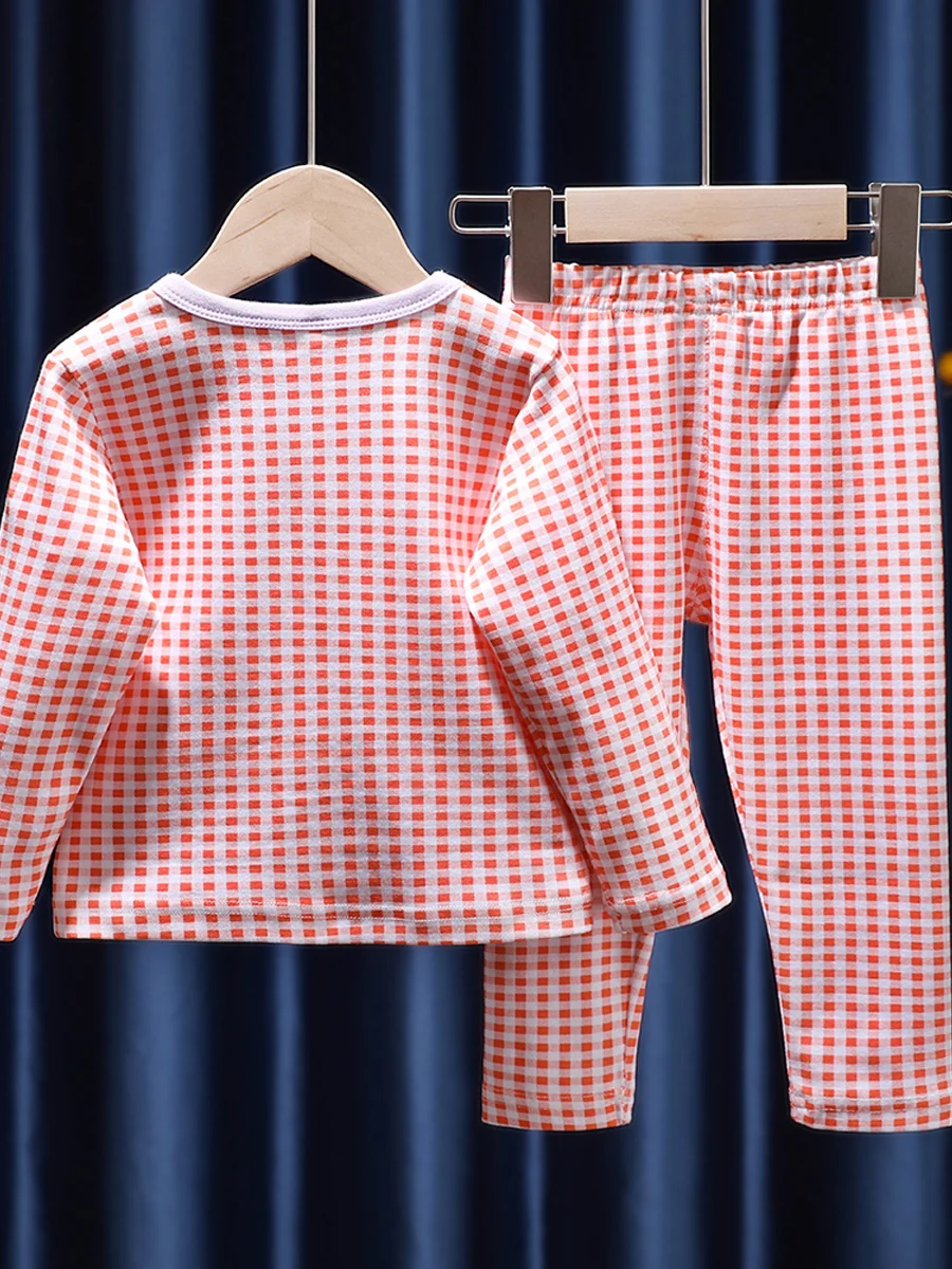 Spring Autumn Children's Clothes Set Long Johns Suit Girls Plaid Cotton Pajamas 2PCS Tops+Pants Baby Kids Underwear Casual Suit