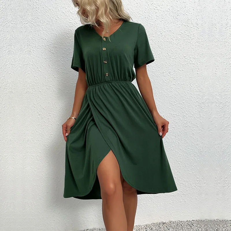

2023 Summer New Women's Wear Waist Wrapped V-Neck Solid Split Dress Women