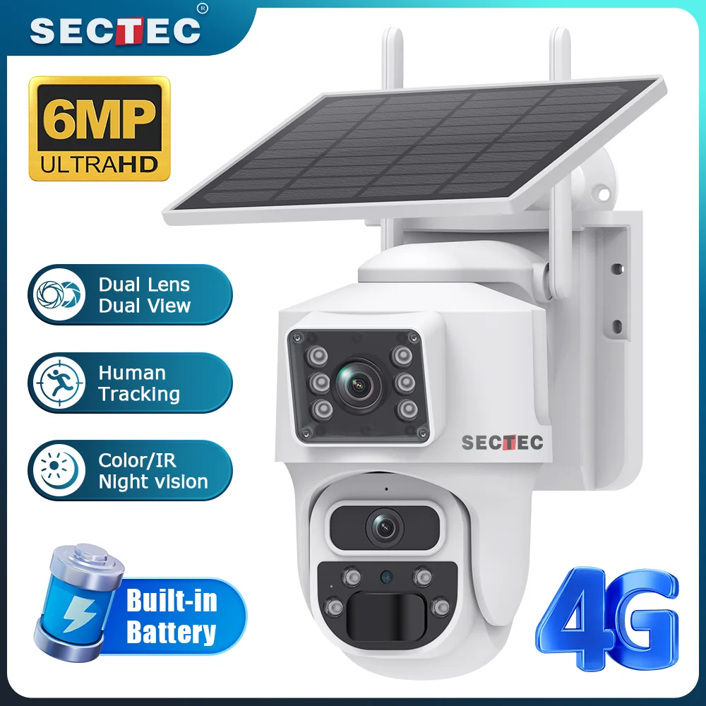 SECTEC 4G Прожектор с двумя объективами Солнечная батарея PTZ Камера видеонаблюдения