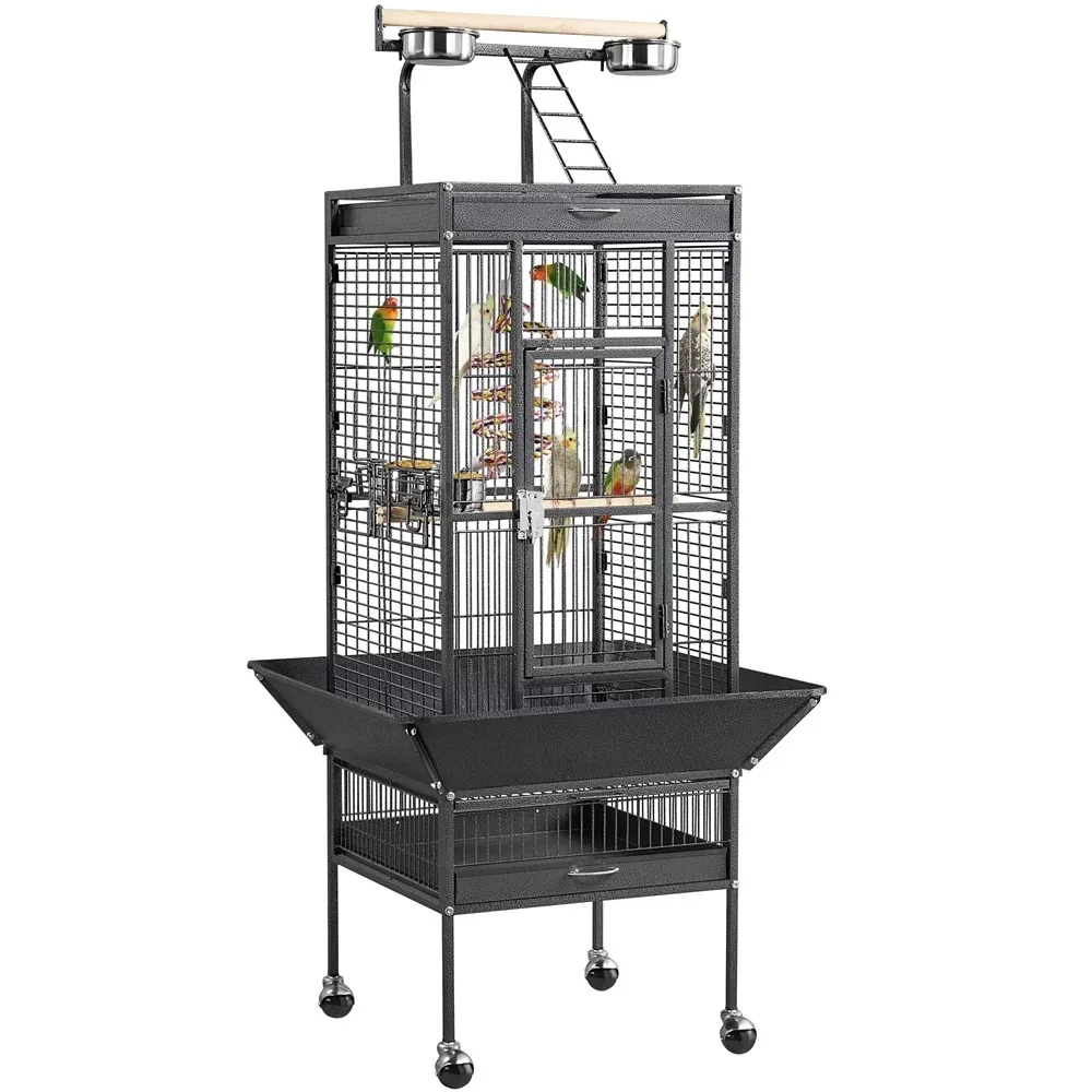 

61" H Rolling Metal Bird Cage with Play Top, Black
