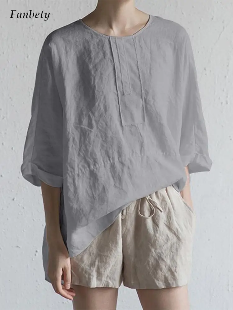 

Vintage Casual Cotton Linen Blouse Women Commute Solid Tops Pullover Fashion Round Neck Long Sleeve Loose Shirts Streetwear 2022