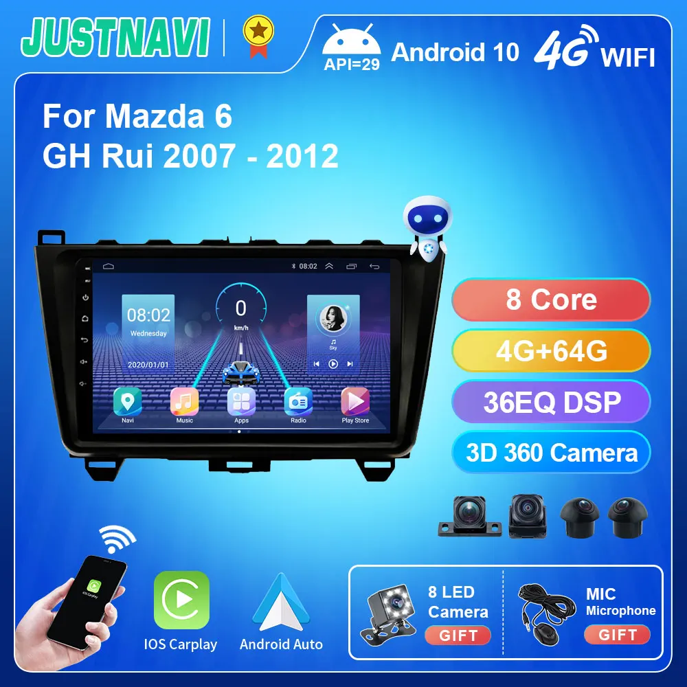 Автомагнитола JUSTNAVI QT5 4 + 64 ГБ Android 10 Авторадио для Mazda 6 GH Rui 2007-2012 GPS-трекер без DVD 2 din