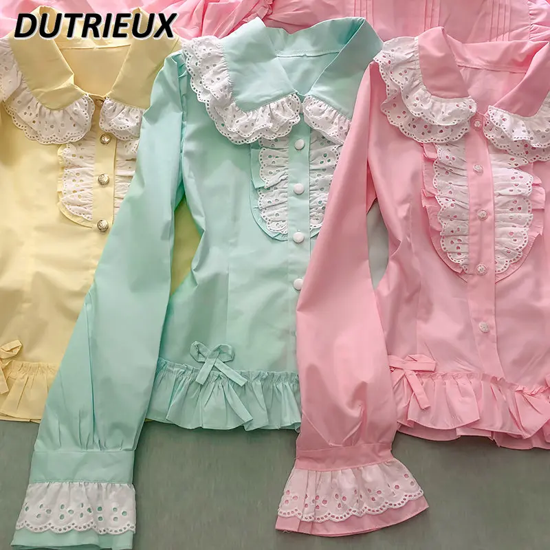 

Bow Cute Sweet Pink Lolita Shirts Comfortable Cotton Ruffled Long Sleeve Blouse 2023 Spring Summer New Slimming Bottoming Shirt