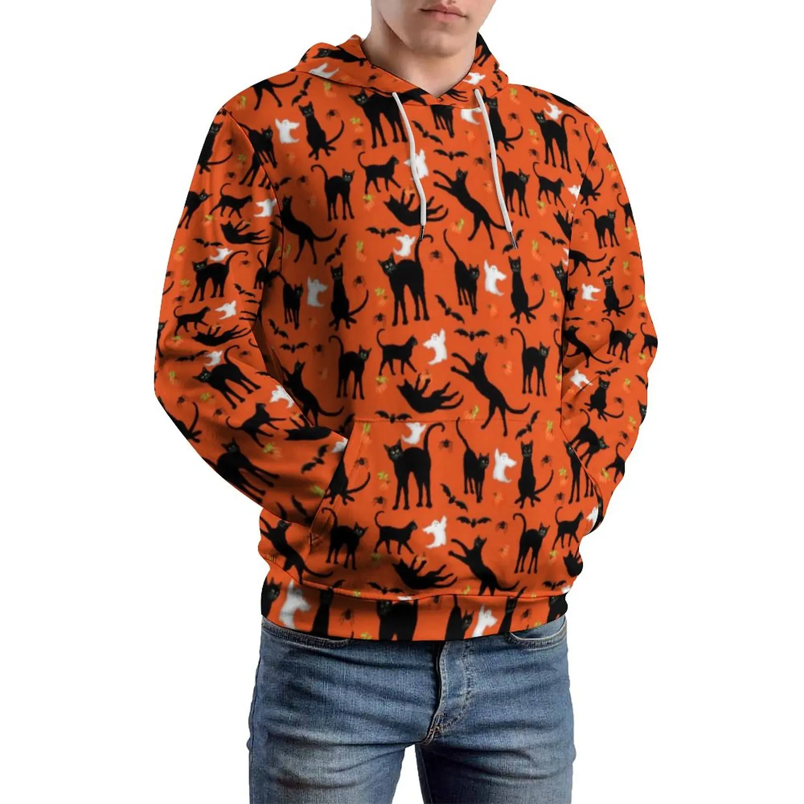 

Ghosts Bats Casual Hoodies Man Black Cats Halloween Loose Hoodie Spring Long Sleeve Aesthetic Pattern Tops Plus Size