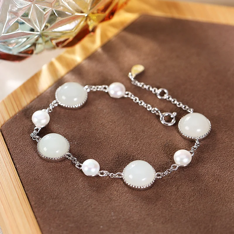 

Bastiee S925 Sterling Silver Pulseras Natural Hotan Jade Pearl Personality Handmade Luxury Jewelry livraison gratuite