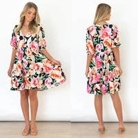 2022 summer flower printed v collar short sleeve skirt dress with large swing idyllic holiday casual dress 11a005