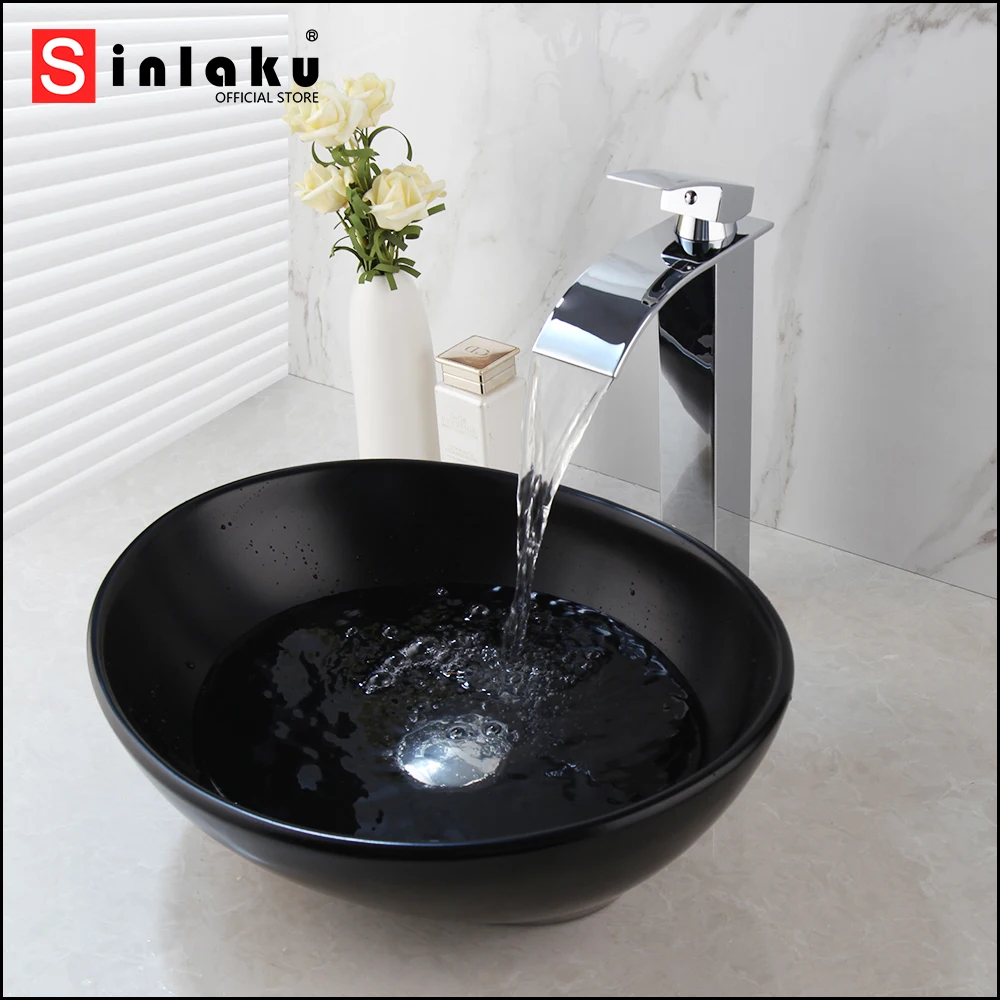 

SINLAKU Bathroom Basin Set Ceramics Oval Matte Black Deck Mounted Single Handle Control Waterfall Hot And Cold Water Mixer Taps