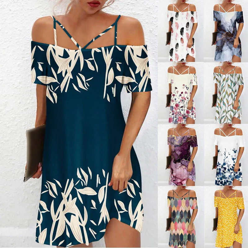 

Sexy Mini Dress Women 2022 Summer Slip Straight Shoulder Print Short Sleeves Beach Party Dresses Woemn Vestidos