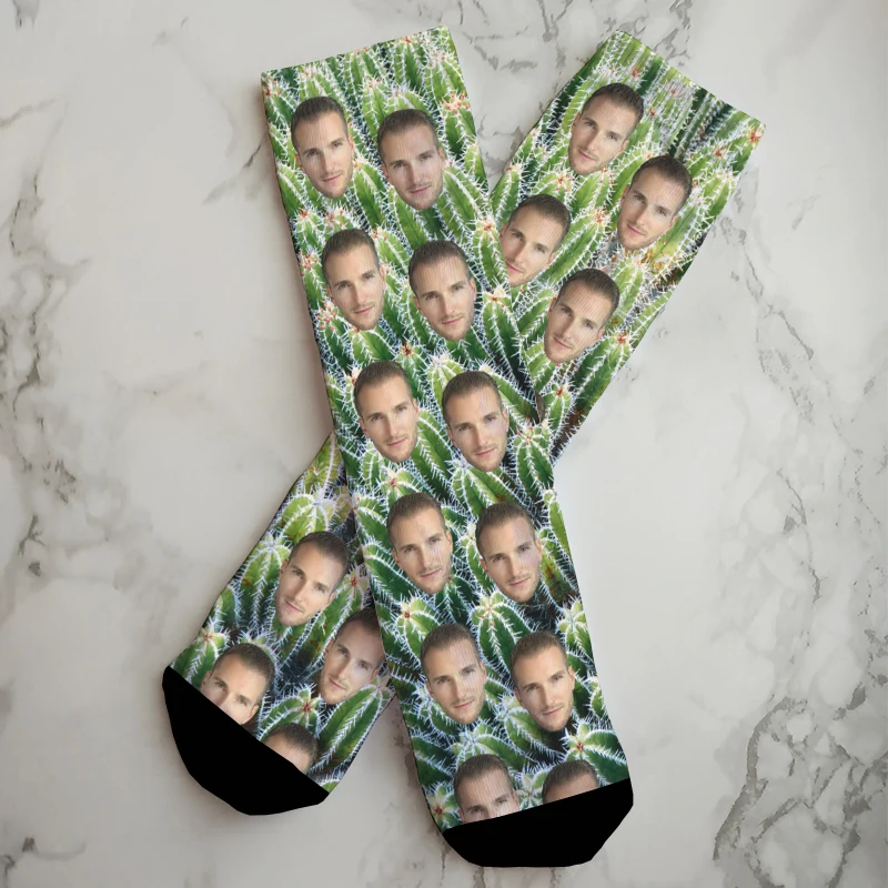 Creative Customized Cotton Socks Cactus Pattern And Your Face Custom Interesting Fashion Neutral Socks Multi Size Surprise Gift