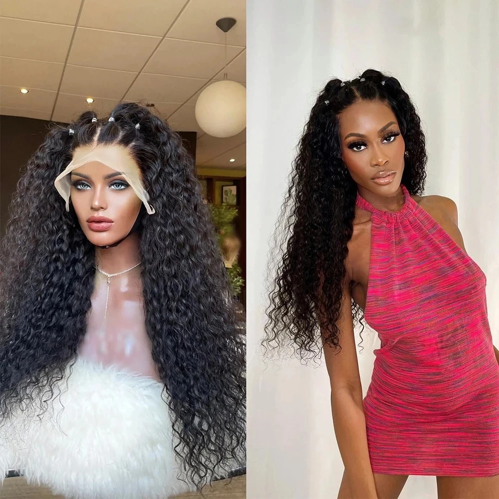 26 дюймов длинный черный кудрявый синтетический кружевной передний парик для