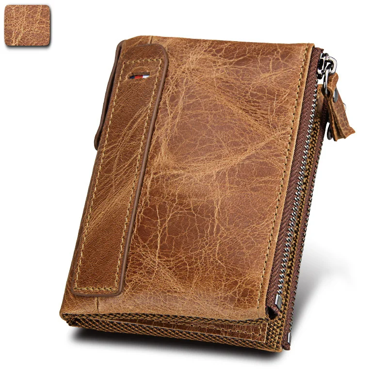 Crazy Horse Leather Wallet For Men RFID Short Man Zipper Wallet MultiFunction Card Holders Male Luxury Coin Purse