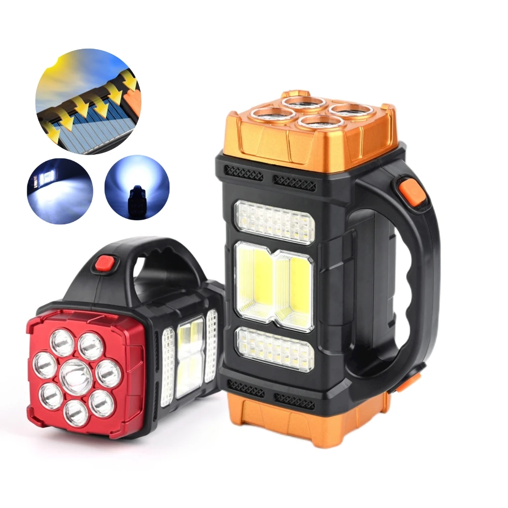 

USB Emergency Spotlight Solar LED Flashlight With COB Work Lights Rechargeable Handheld 4 Lighting Modes Outdoor Torch Light