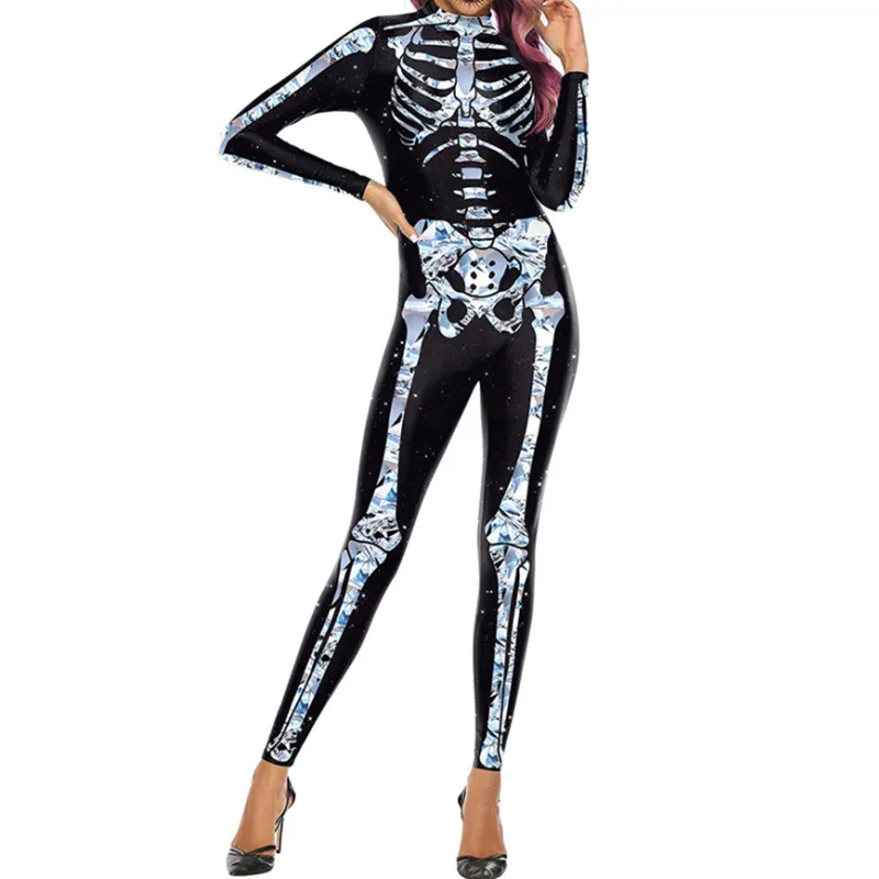 

Женский костюм для Хэллоуина, облегающий костюм с цифровым 3D-принтом черепа и длинными рукавами, костюм для косплея, 2022