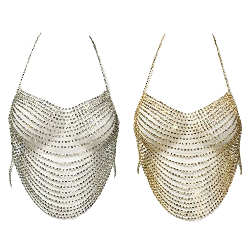 

H58D Sexy Body Chain Crystal Multilayer-Rhinestone Backless-Halter Top-Adjustable