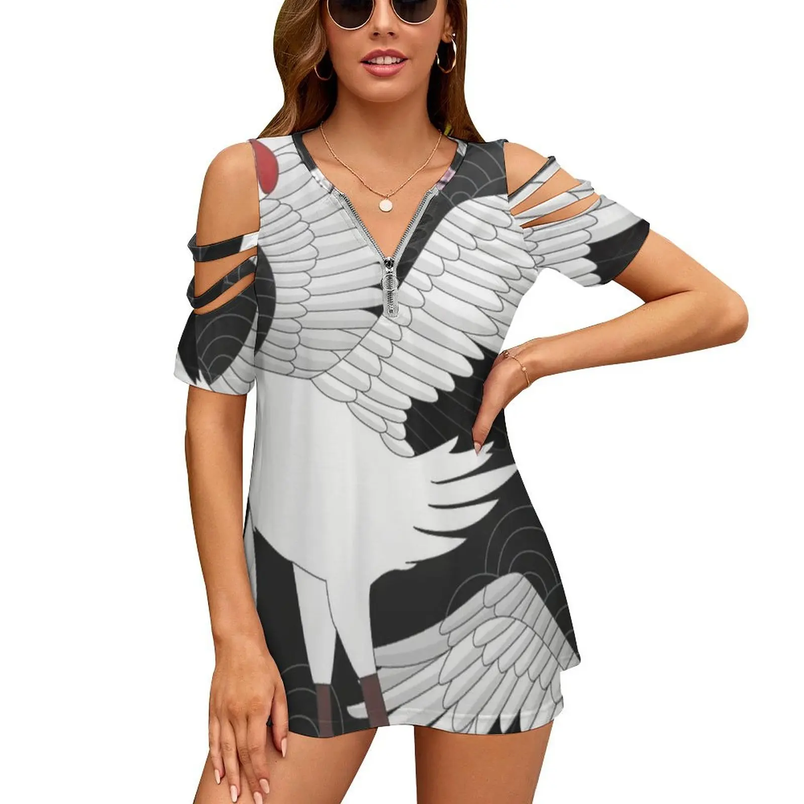 

Футболка женская винтажная на молнии с принтом журавлей и птиц