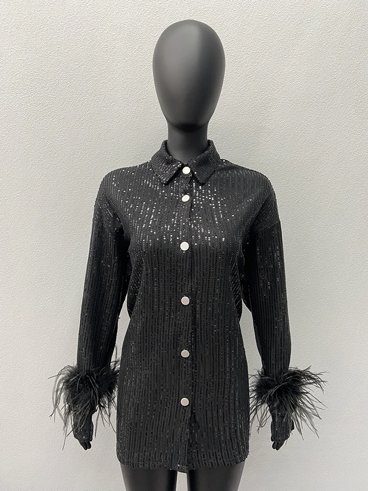 Sequins Blouses With Feathers Cuff Fashion Women Vintage Shirts Sexy Club Party Glitter Top Female Long Sleeve Button Up Shirt