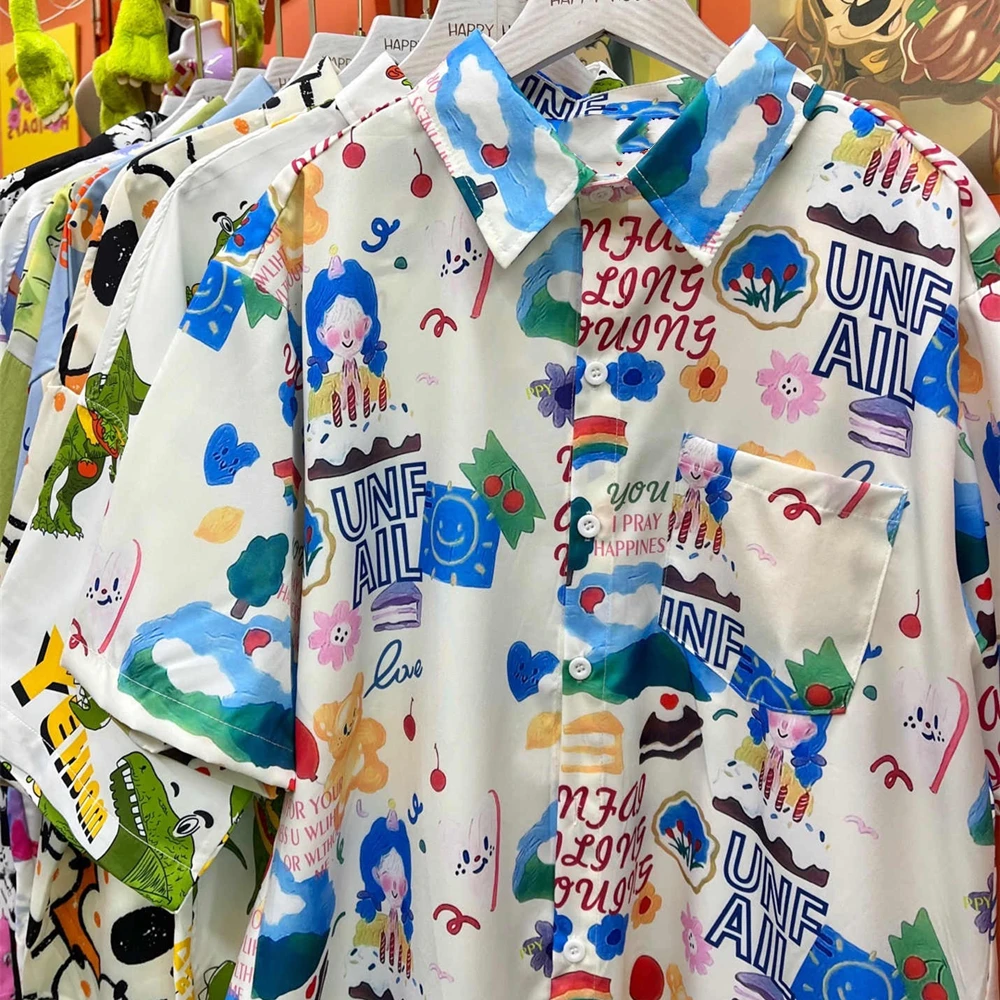 

Y2K Милая рубашка с рисунком радужного медведя, граффити, Мультяшные рубашки, кавайная блузка для подростков, летние топы с коротким рукавом, ...