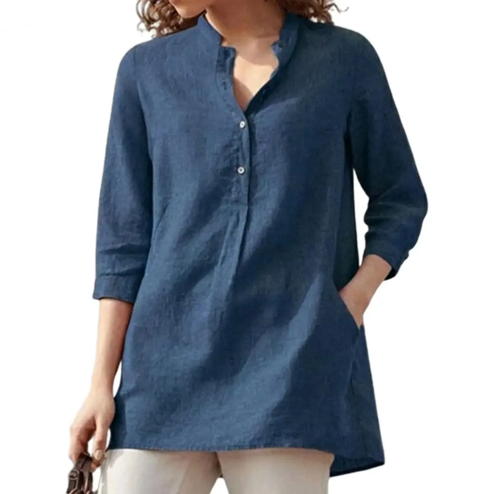 

2022 Summer Lady Short sleeve Top Solid Color Button Stand Collar Pocket Casual Spring Blouse for Daily Streetwear
