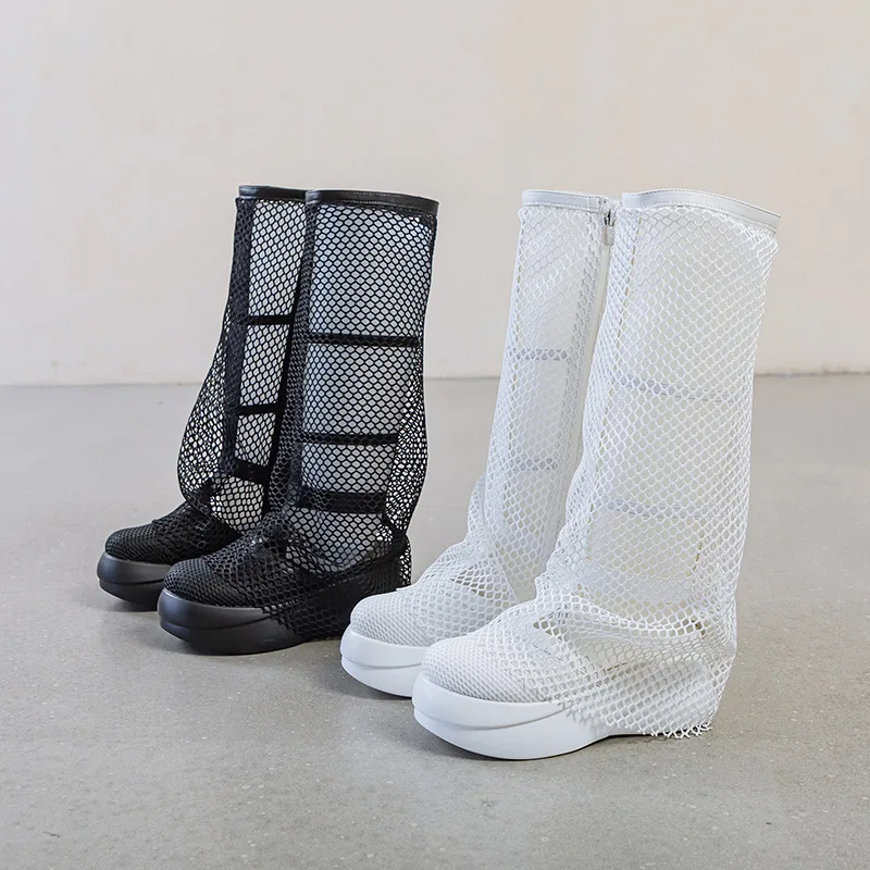 Summer New Women High Boots Platform Shoes Mesh Breathable Blast Street Slim Boots Hollow Sandals Fashion Design Shoes 2023