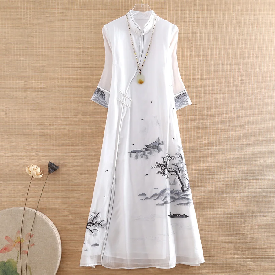 

High-end Spring Summer Women Cotton Dress Cheongsam Retro Elegant Embroidery 3/4 Sleeve A-line Lady Party Qipao Dress S-XXL