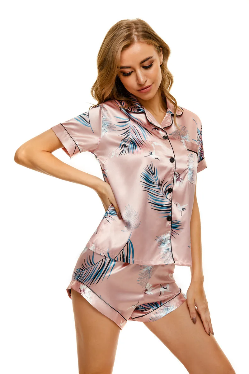 Womens Pajamas Sets Satin Silk Print Pyjamas Famale Pijamas Pocket 2 Piece PJ Set Loungewear Short Sleeve Shorts Sleepwear