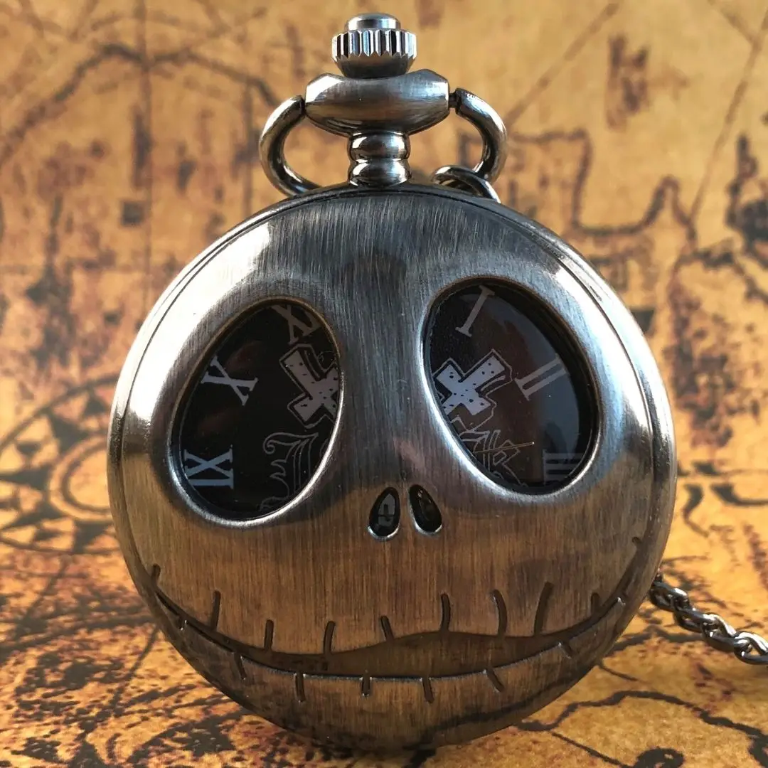 

Vintage Bronze Skull Quartz Pocket Watch Retro Frog Big Eyes Necklace Pendant FOB Chain Clock for Men Women Kids CF1478