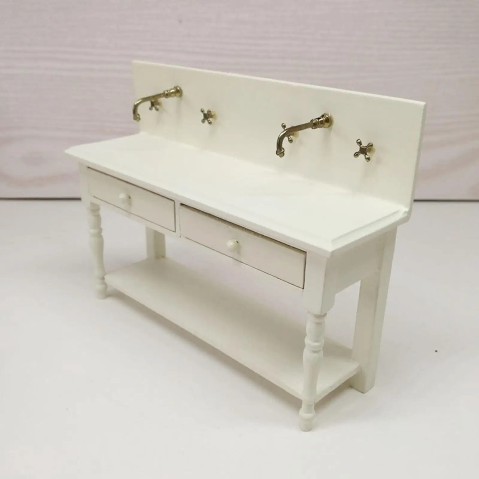 

Doll Cabinet Decoration Accessory with Taps Dresser Simulation of Realistic Model Wooden Sink in