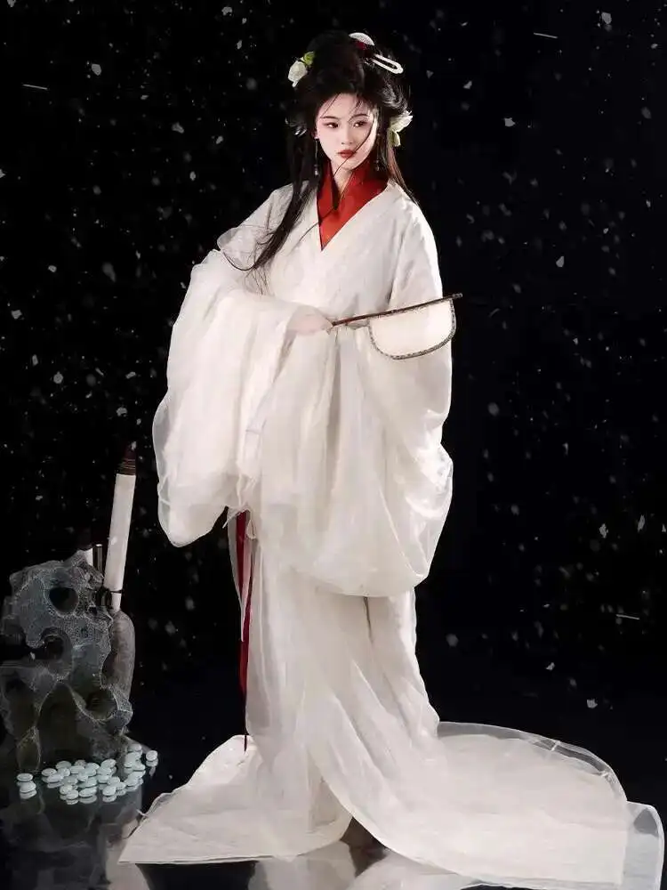 Фото Новый стиль {Wenji} Hanfu Warring States Robe Restoration Красный и белый кружевной двухслойный весенне-осенне-зимний вечный №2