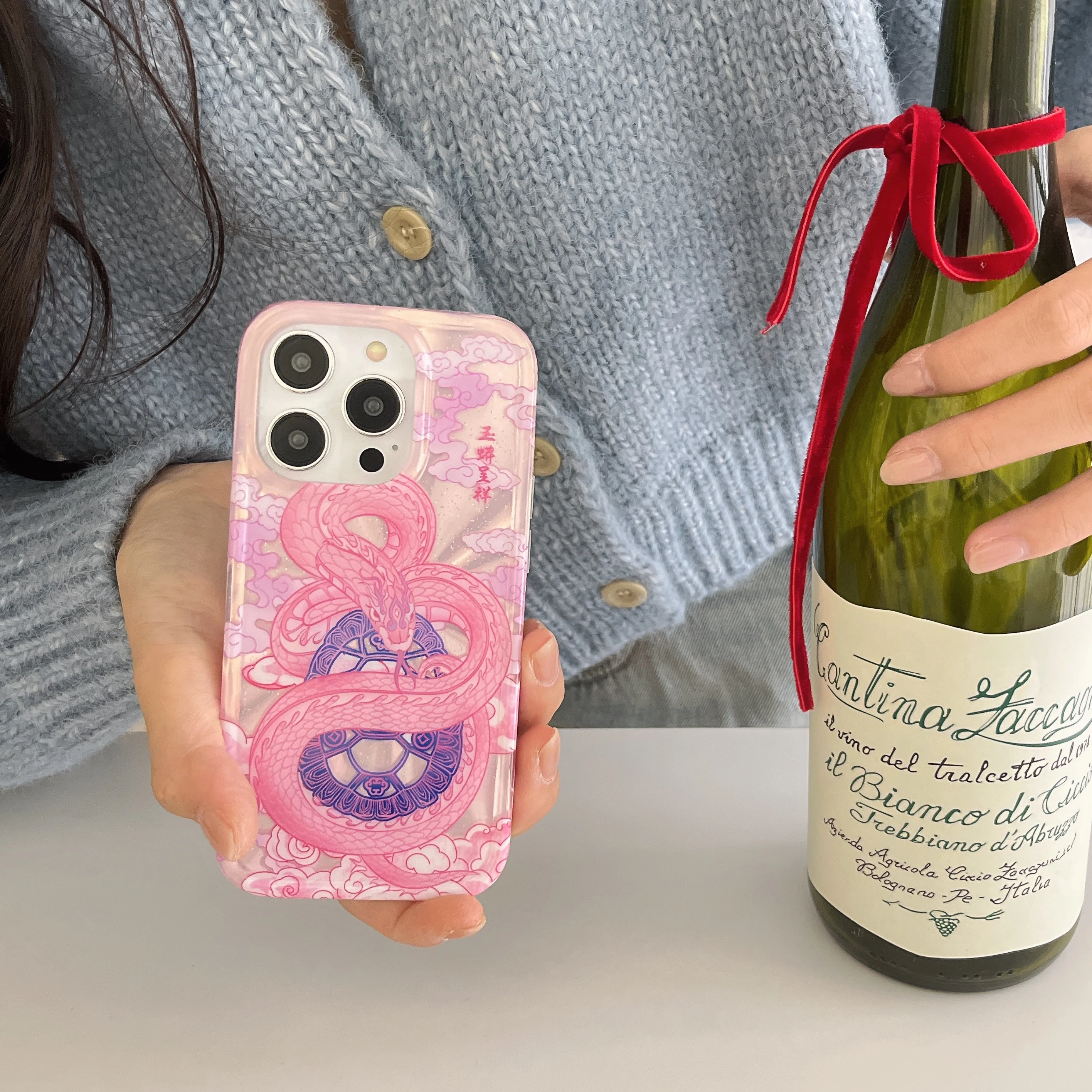 Художественный двухслойный чехол для телефона INS Ripple Texture Pink Snake Lucky iPhone 16 15 14 13 Pro Max