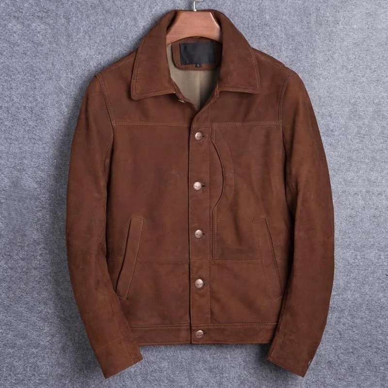 

Genuine men's leather jacket, short autumn jacket with a slim cut with a lapel, vintage men's coat