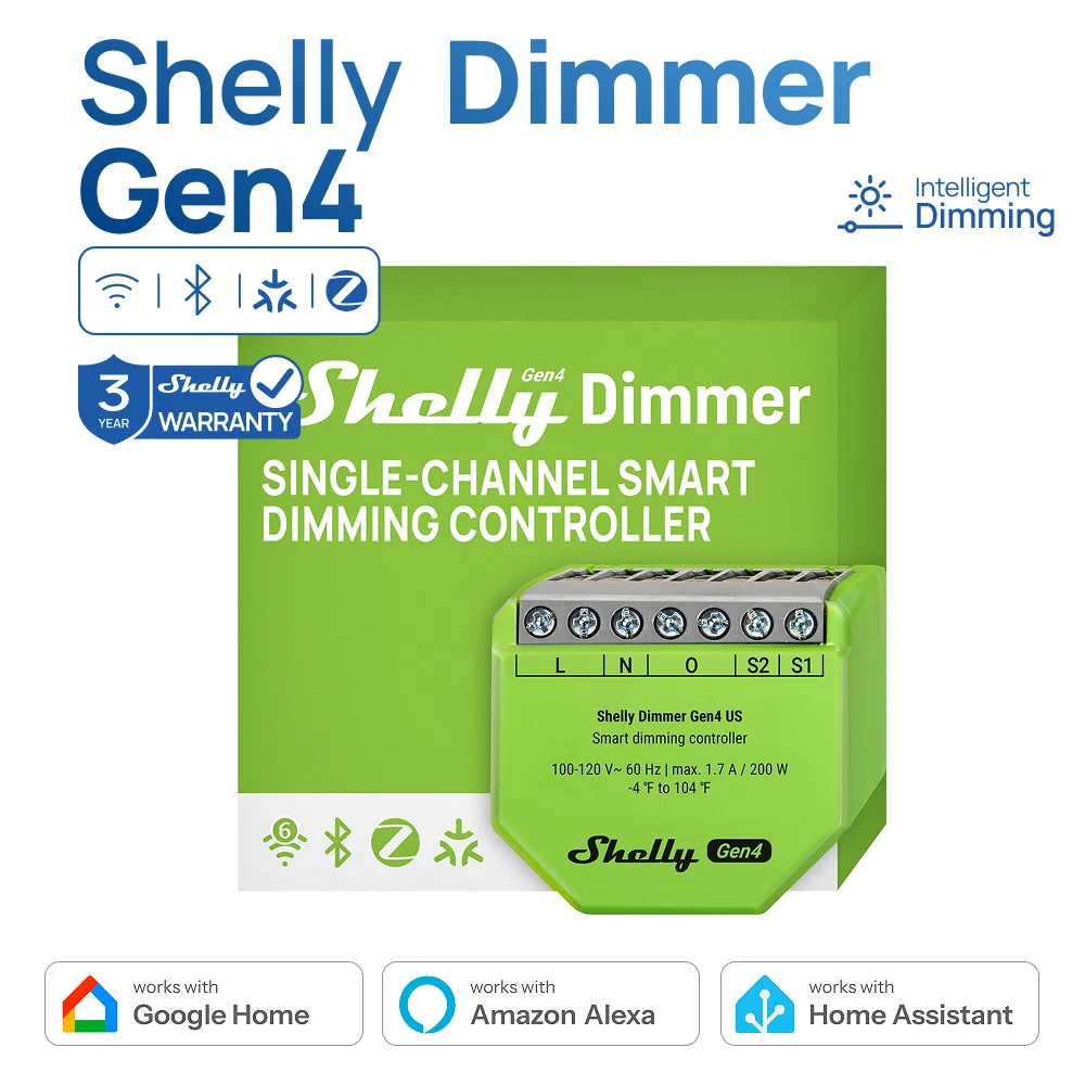 

Умный Wi-Fi диммер Shelly Gen4 Zigbee с модулем диммирования и контроллером Matter, работает без нейтрали, совместим с Alexa и Google Home