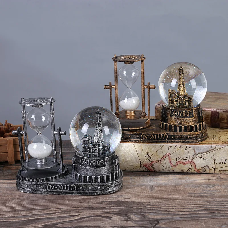 

European Time Crystal Ball Hourglass Creative Office Ornament Eiffel Tower Box Retro Ornament Home Decorations