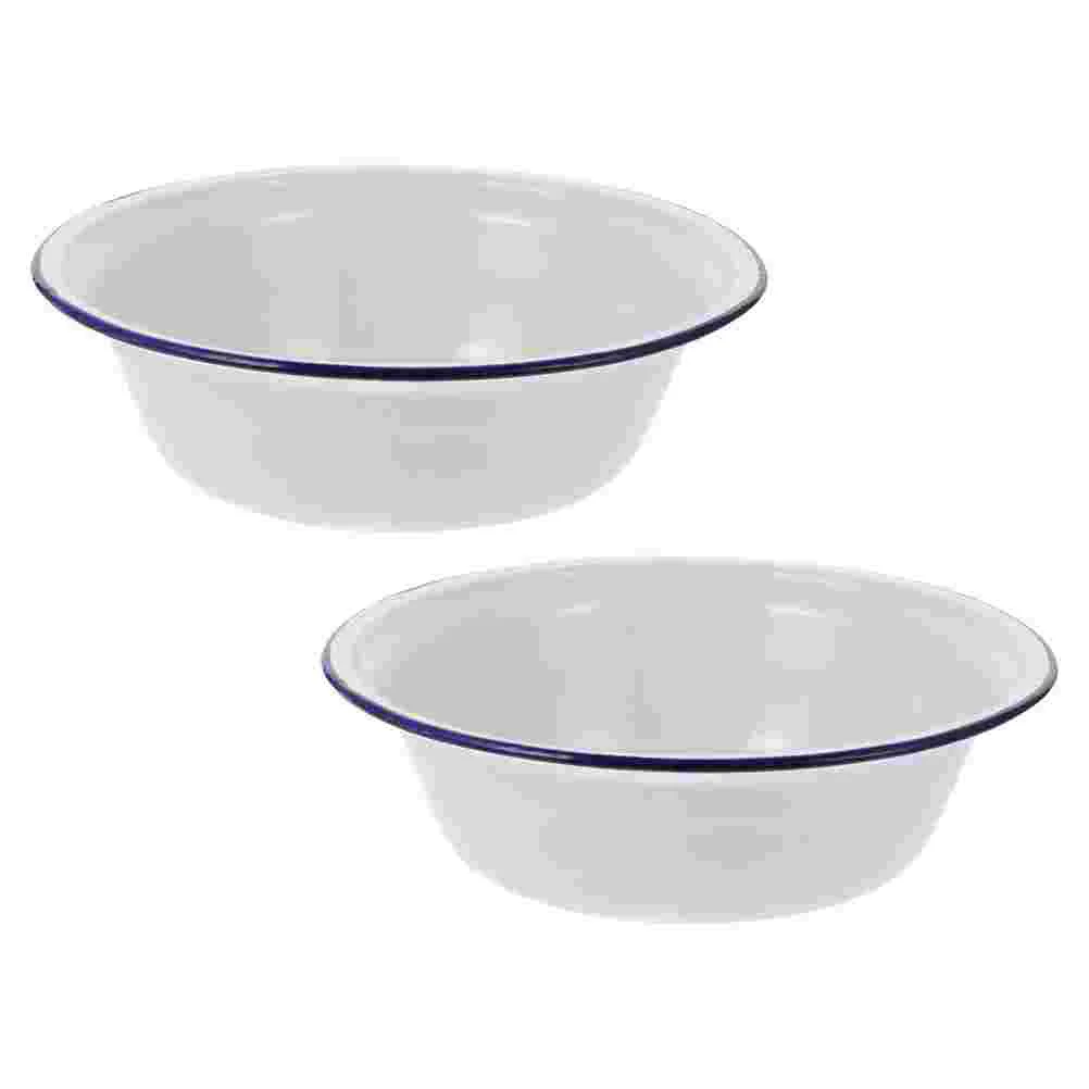 

2Pcs Kitchen Mixing Basins Enamel Soup Bowl Household Enamelware (White)