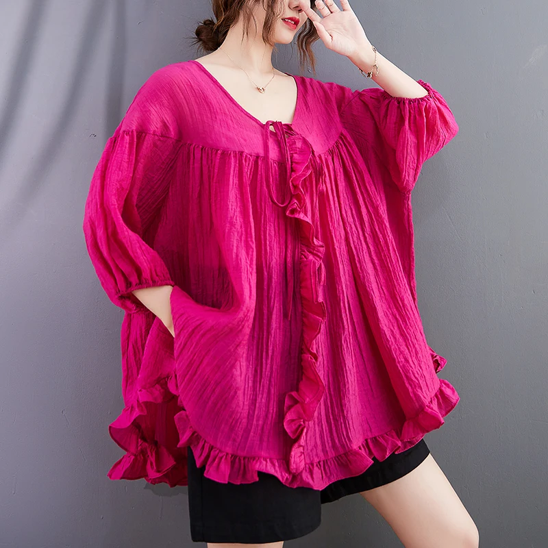 

Блузка женская свободного покроя, Повседневная рубашка-Bouses, цвет розово-красный, большие размеры, на лето