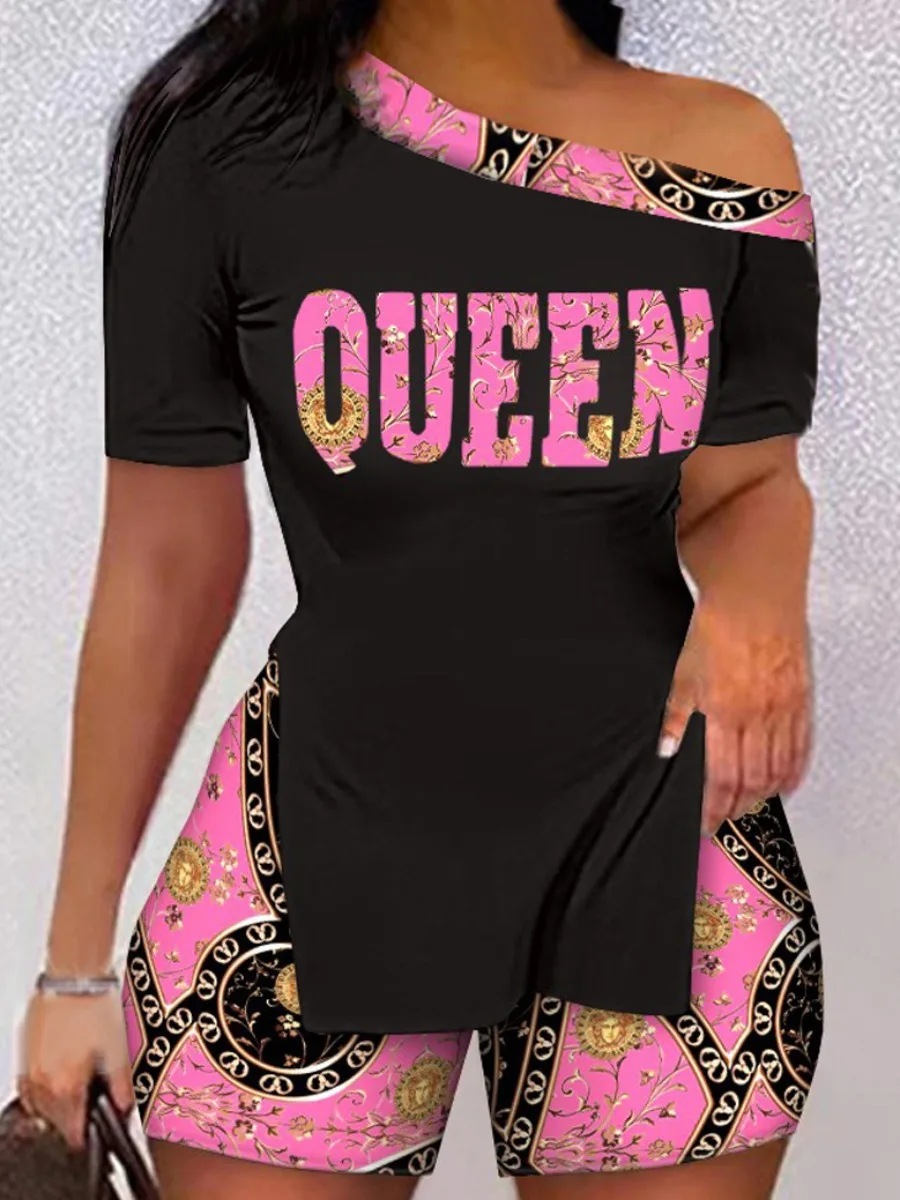 

LW Plus Size One Shoulder Queen Letter Print Shorts Set Women Sport summer T Shirt Set Casual Two Piece Set Short Sleeve Tee set