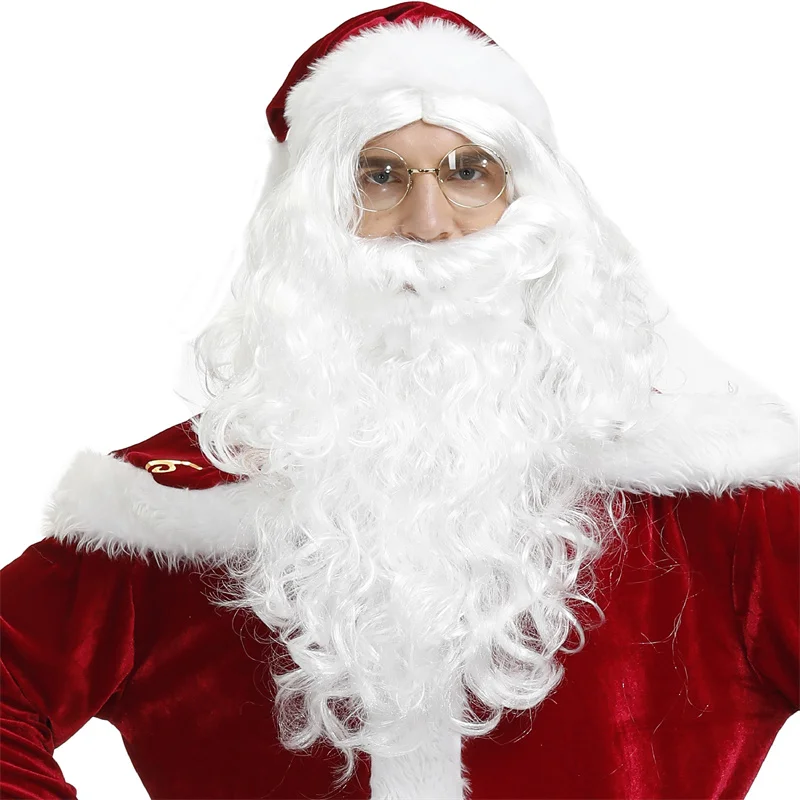 

Новый костюм Санта Клауса, 9 шт., Рождественский комплект одежды для взрослых, косплей, костюм Санта с туфлями, шапкой, бородой, золотами для мужчин