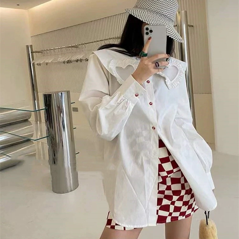 

Juice Snow 2022 New Doll Collar Sweet Wind Hollow Love Blouse Versatile Loose White Shirt Solid Color Long Sleeve Mujer De Tops