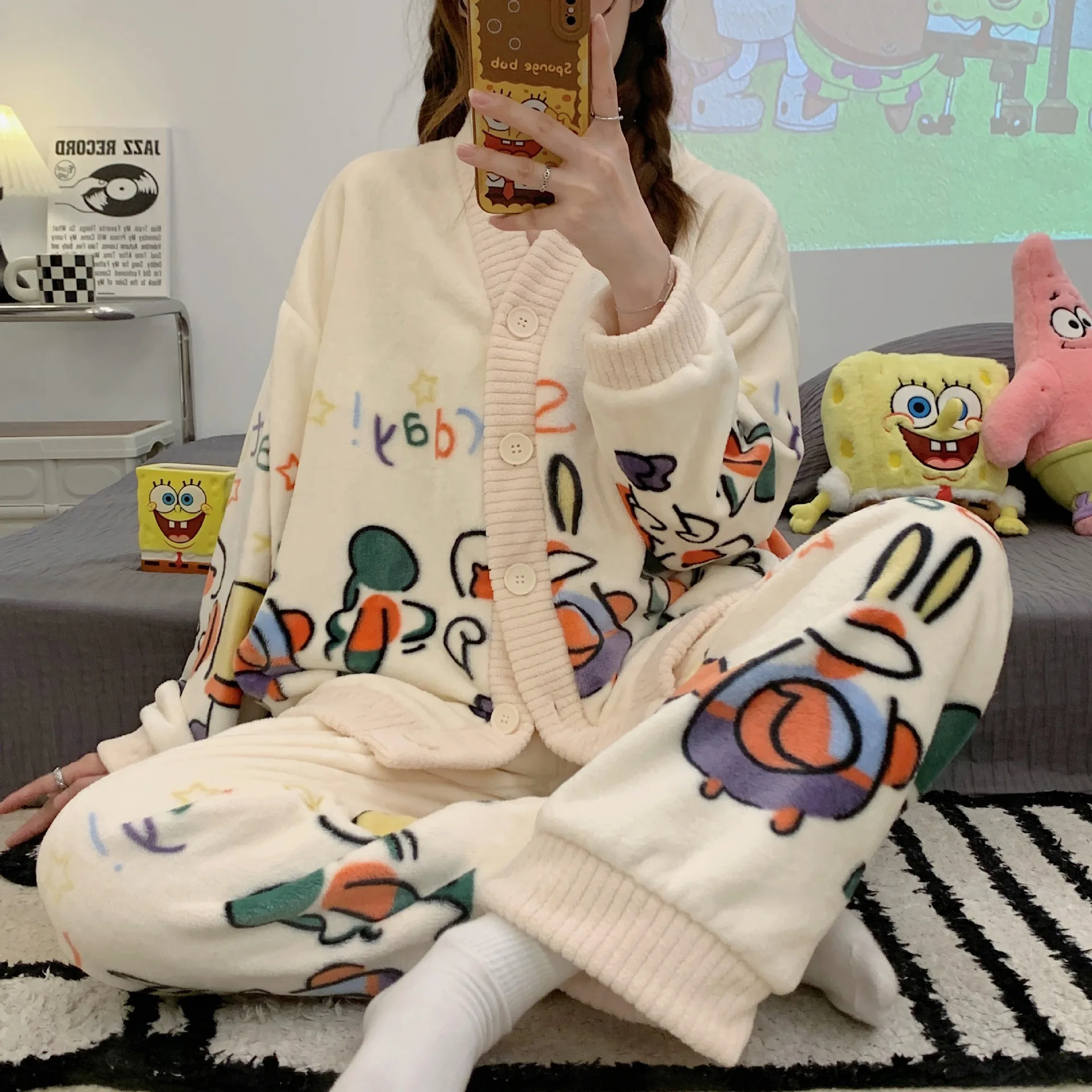 

Autumn Winter New Warm Flannel Women's Pajamas Set Long-sleeved Trousers Two-piece Set Cute Soft Home Wear Clothes For Women