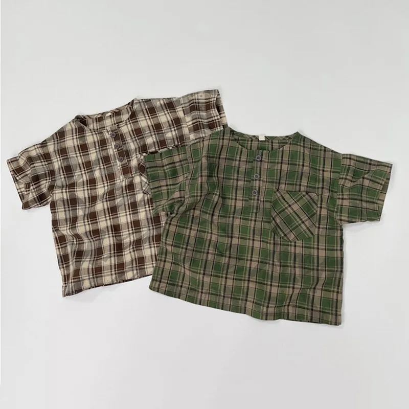

Summer New Retro Baby Thin Cotton Linen Short Sleeves T-shirt Girl Children Casual Pocket Tops Fashion Boy Kid Plaid Loose Tees