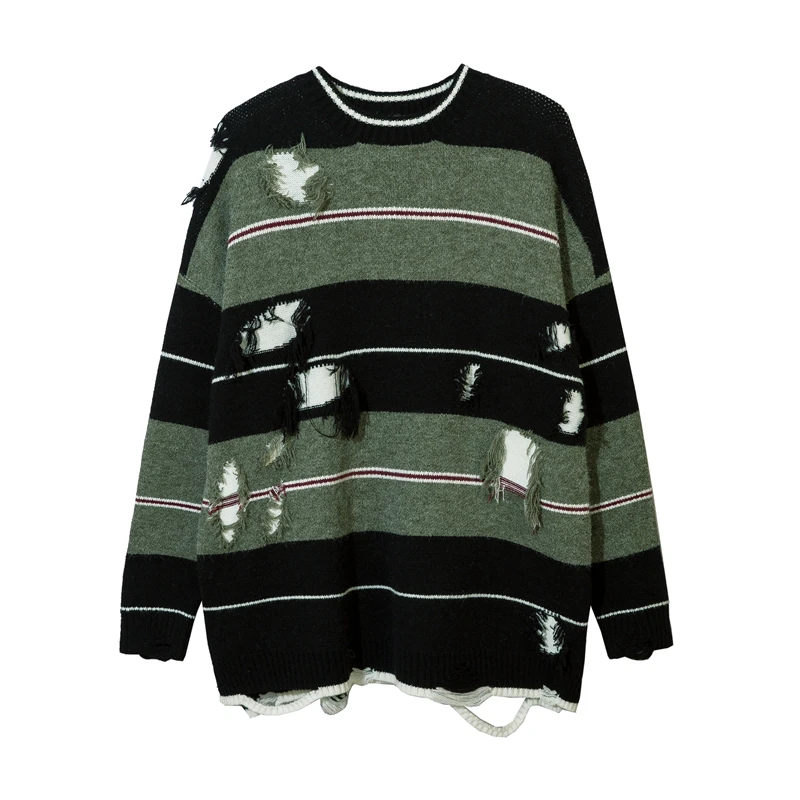 

Japanese Retro Contrast Color Striped Hole Frayed Spliced Men's Sweater High Street O Neck Oversized Hip Hop Loose Pullover Tops
