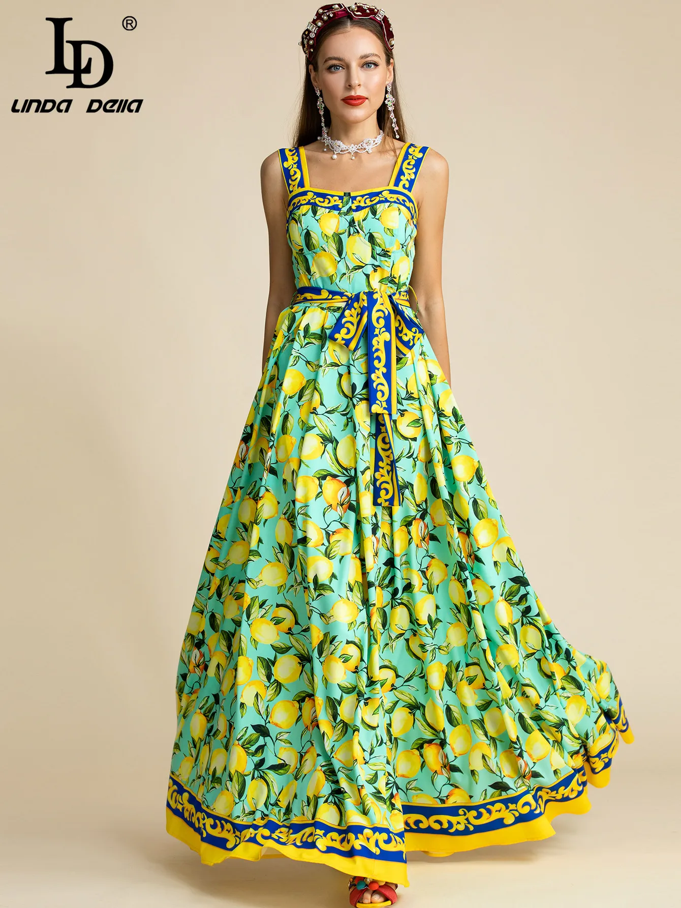 LD LINDA DELLA Women's Runway Fashion Maxi Dress Summer Bohemia Lemon Print Belted Elegant Vacation Long Spaghetti Strap Dress