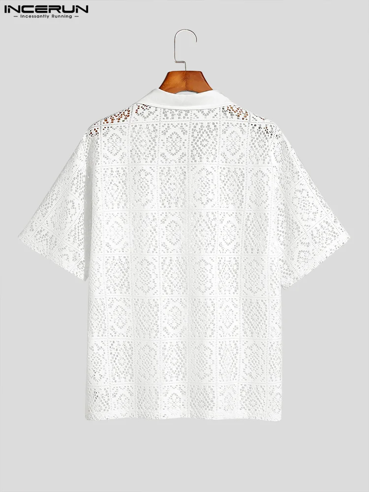 Handsome Well Fitting Men's Tops INCERUN Hollow Lace Pane Flower Printed Blouse Stylish Knitted Short-sleeved Lapel Shirts S-5XL