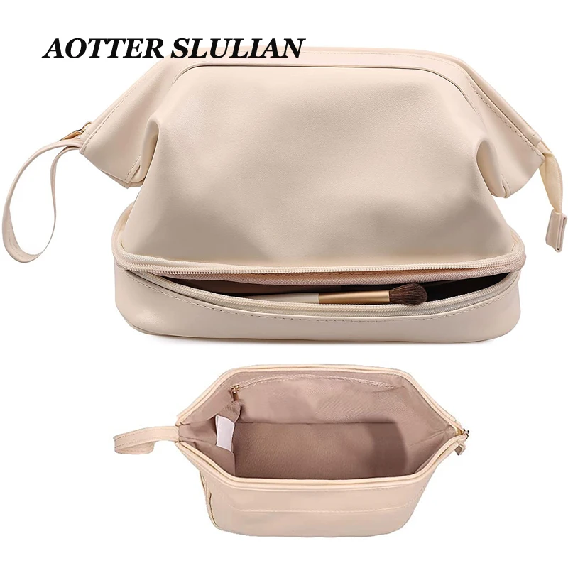 

Large Capacity Makeup Bag, Double Layer Travel Cosmetic Bag Portable Leather Toiletry Roomy Storage Pouch Female Make Up Case