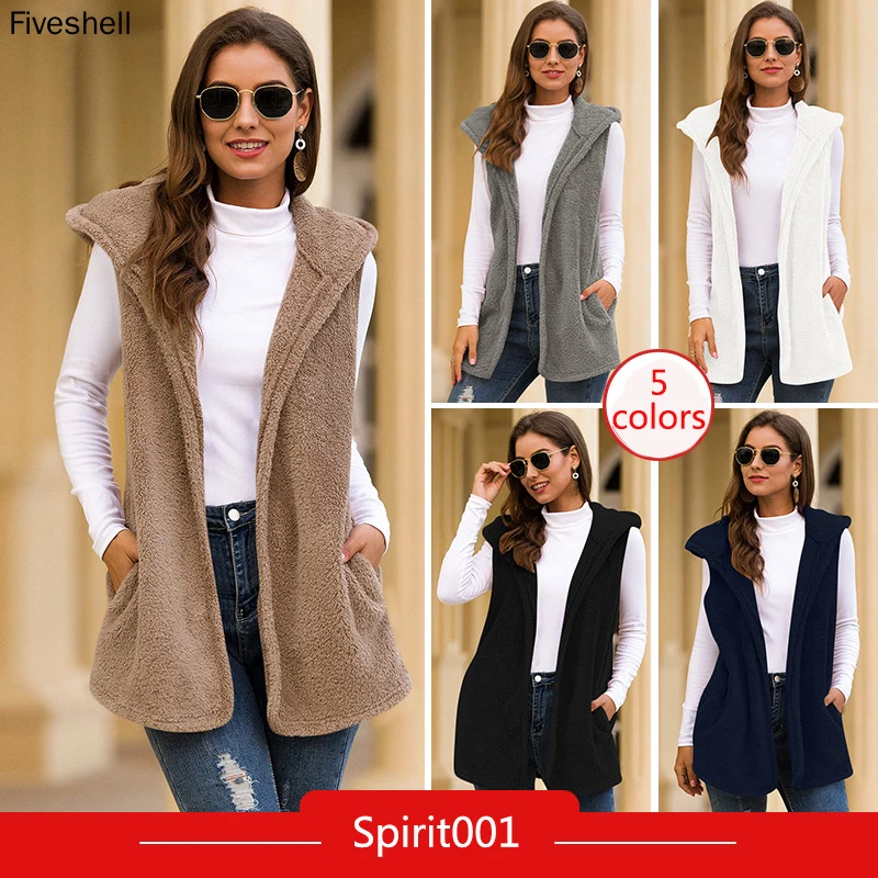 

Новинка весна-осень 2023, Женский однотонный жилет средней длины в европейском и американском стиле с капюшоном, плюшевая куртка без рукавов