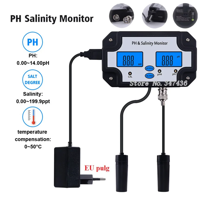 

Digital 2 in 1 PH Salinity Meter Monitor Seawater Aquarium Salt Content Measure Replaceable BNC Type Probe Acidimeter Salimeter